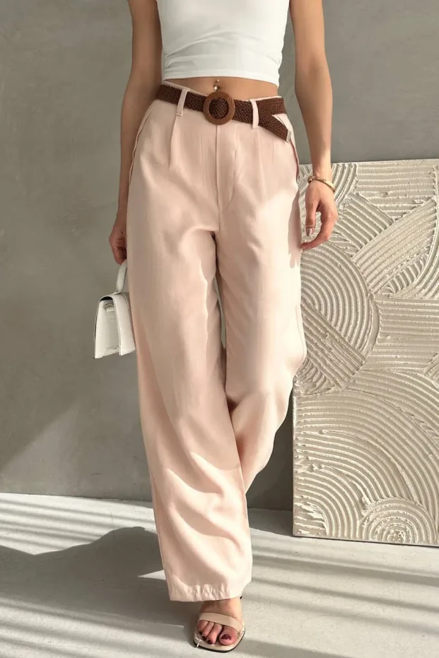 Belted Linen Pants Light Beige 4
