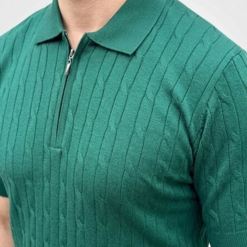 Pánské khaki copánkový pletený krátký rukáv zip polo tričko