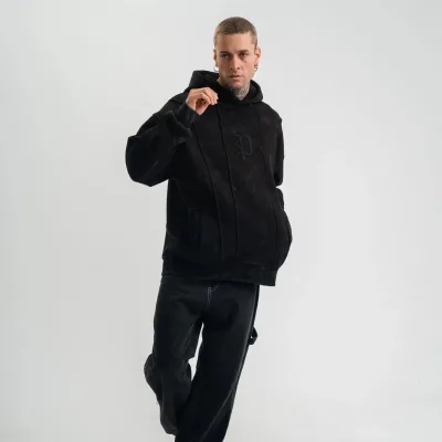 Men's Black 3-Thread Cotton Washed Embroidered Hooded Sweatshirt 2