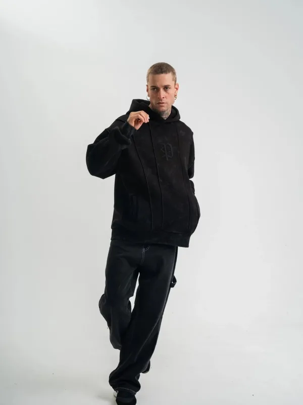 Men's Black 3-Thread Cotton Washed Embroidered Hooded Sweatshirt 2