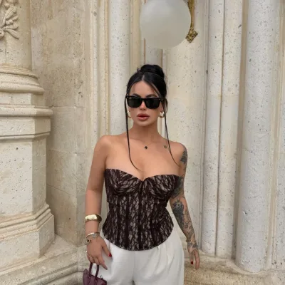 Kadın Kahverengi Transparan Dantel Korse Straplez Crop Top 2