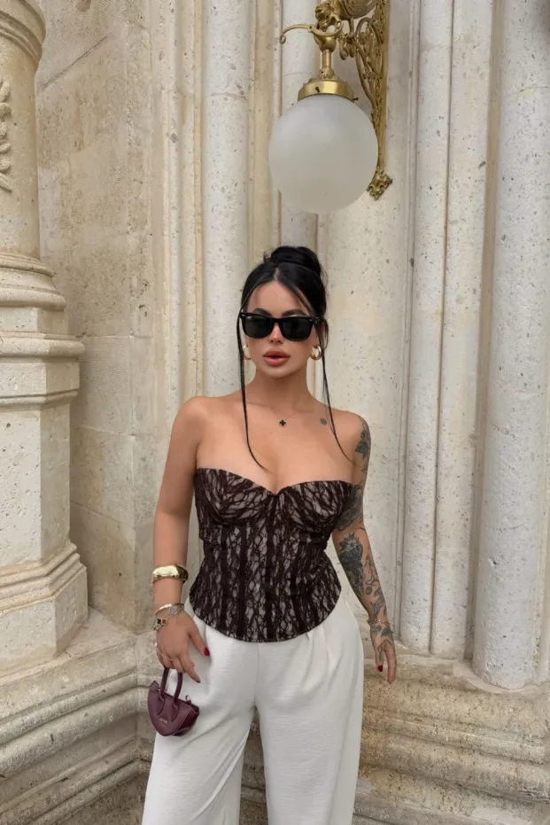 Kadın Kahverengi Transparan Dantel Korse Straplez Crop Top 2