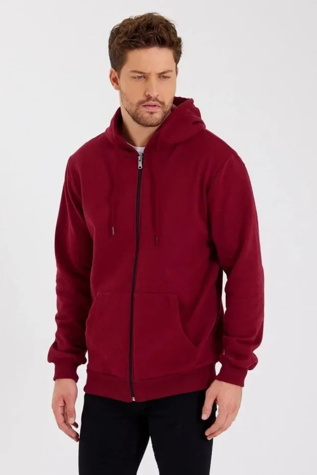 Erkek Bordo 3 İplik Pamuklu Tam Fermuarlı Kapüşonlu Sweatshirt 4