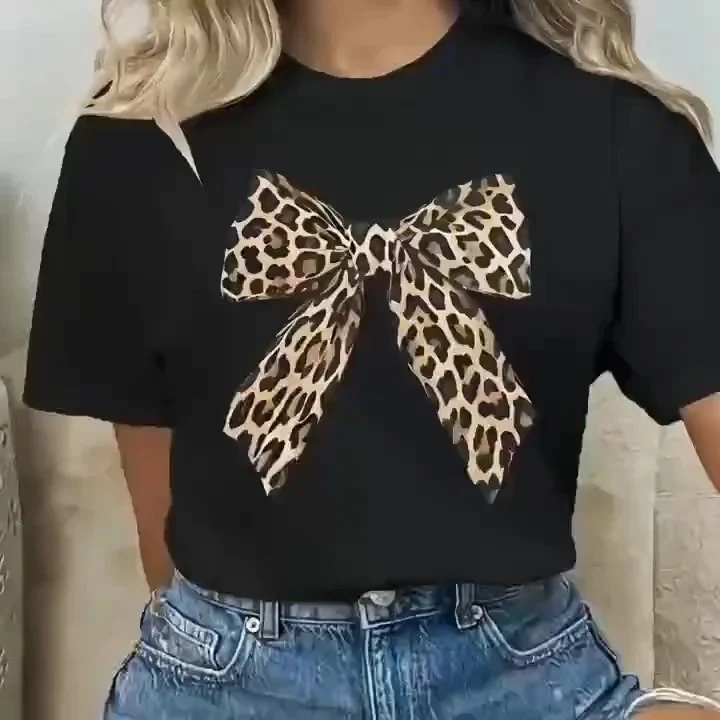 Femea Neagra Oversize Guler Bicicleta Tricou cu Imprimeu Model Leopard