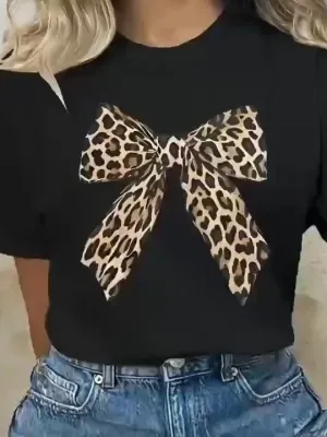Femea Neagra Oversize Guler Bicicleta Tricou cu Imprimeu Model Leopard