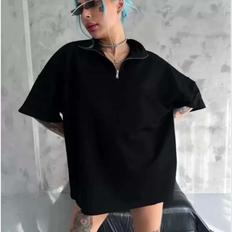 Qadın Qara Oversize Yarım Fermuarlı Köynək