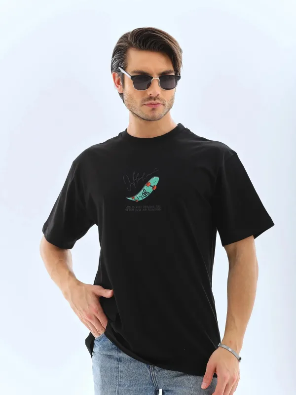 Men's Black Oversize Crew Neck Printed Summer T-Shirt