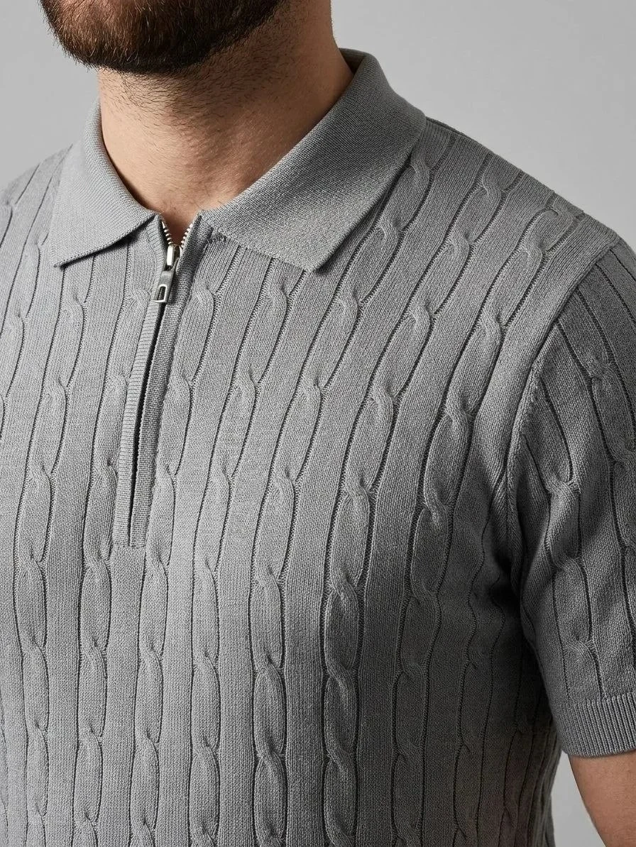 Men's Gray Braided Knit Short Sleeve Zippered Polo T-Shirt
