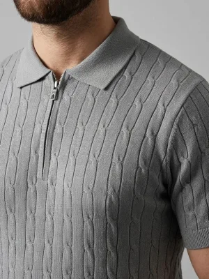 Men's Gray Braided Knit Short Sleeve Zippered Polo T-Shirt