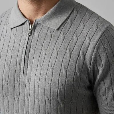 Men's Gray Braided Knit Short Sleeve Zippered Polo T-Shirt 1