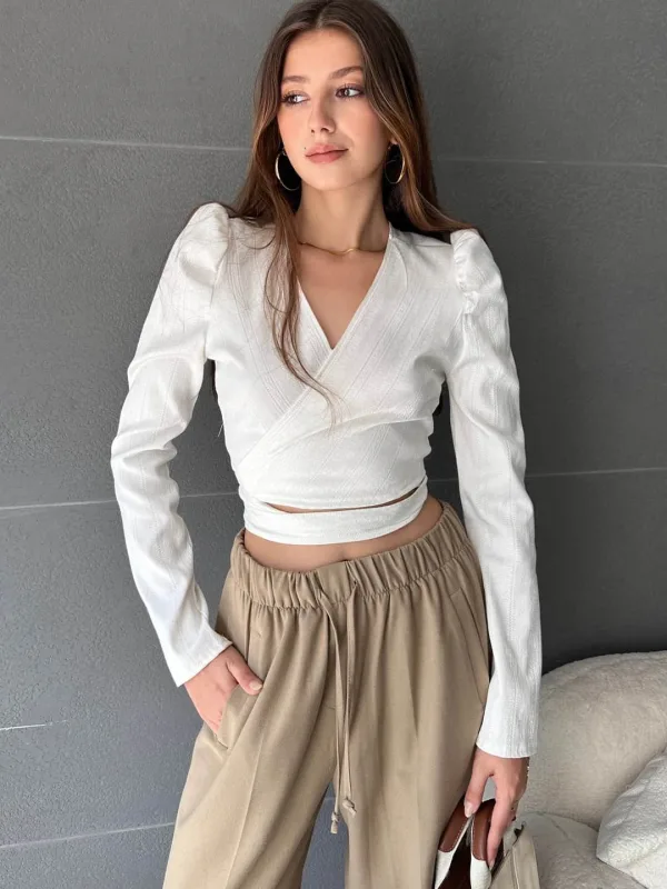 Notch Lapel Belted Crop Blouse White 2