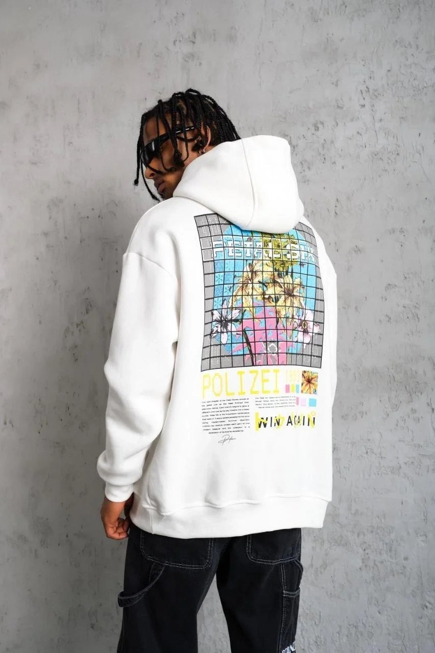 Erkek Beyaz Oversize 3 İplik Pamuklu Kapüşonlu Baskılı Sweatshirt
