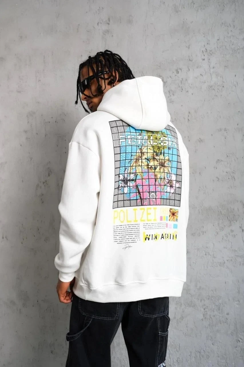 Sweatshirtê Mêran ê Spî ê Oversize yê Bi Kêpik, 3 Têl, Pembû, Çapkirî