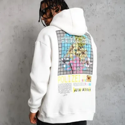 Машки бел Oversize 3-нишки памучен печатен дукс со качулка 1