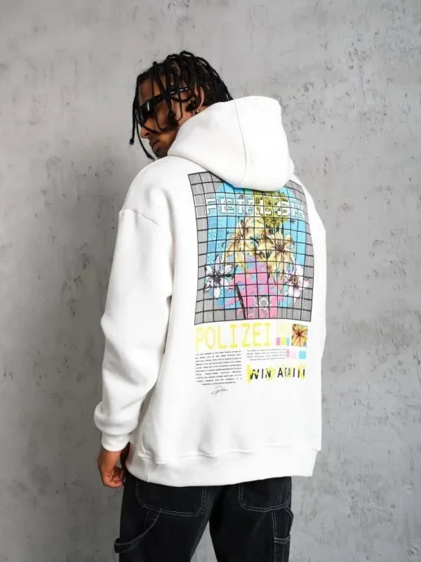 Muški bijeli oversize 3-niti pamučni s kapuljačom tiskani sweatshirt