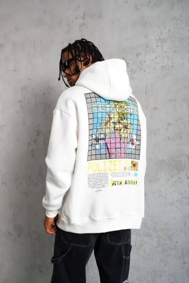 Bărbat Alb Oversize 3 Fire Bumbac Glugă Imprimat Sweatshirt 1