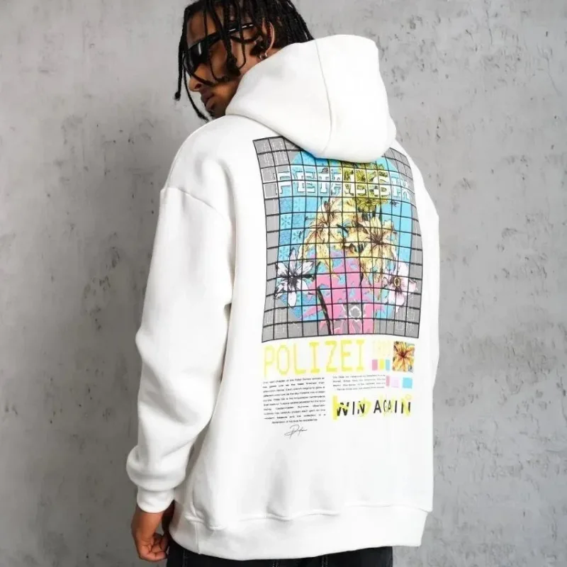 Men's White Oversize 3-Thread Cotton Hooded Printed Sweatshirt