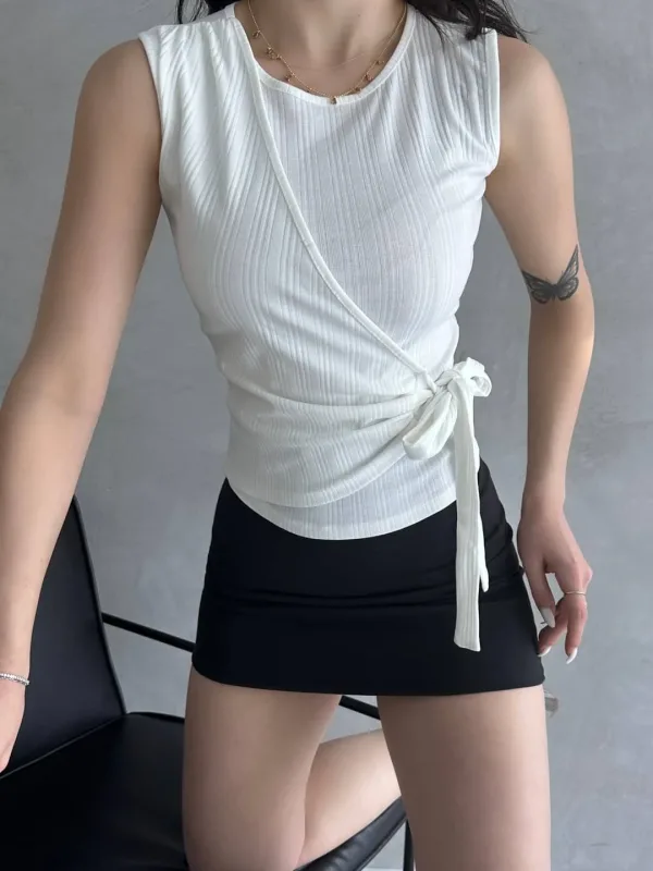 Strap Front Cross Tie Blouse White 4