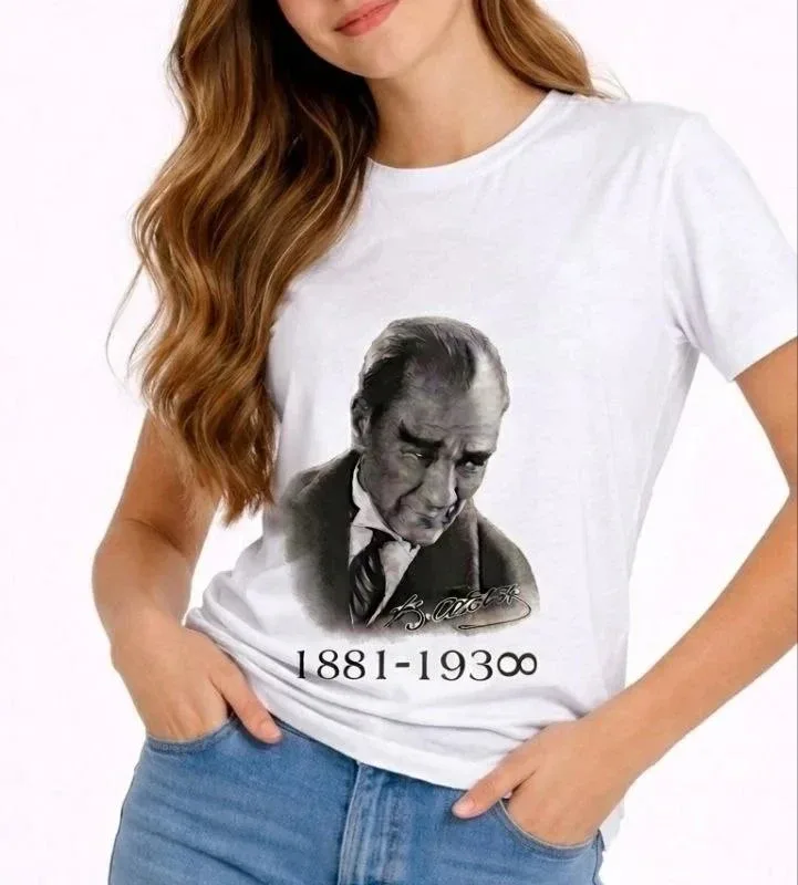Girls' White Crew Neck Ataturk Printed T-Shirt