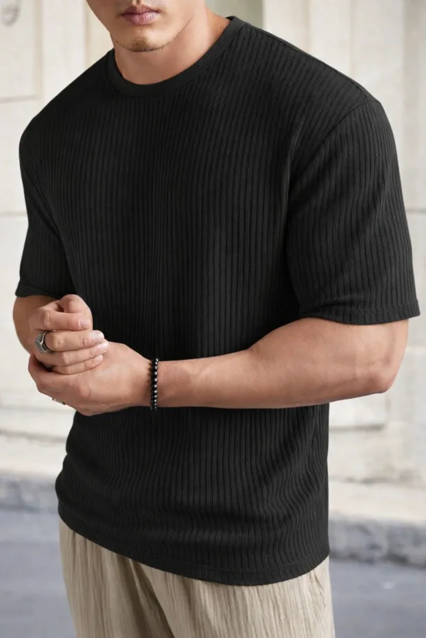 Siyah Oversize Fitilli Pamuk Bol Kesim Bisiklet Yaka T-Shirt 2