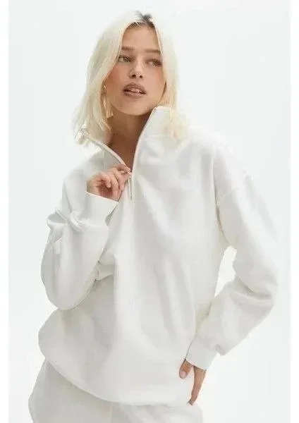 Gratë Bardhë Oversize Gjysmë Zip Pambuk Basic Sweatshirt 1