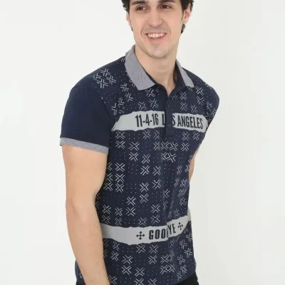 Men's Navy Slim Fit Polo Neck Printed Short Sleeve T-Shirt 2