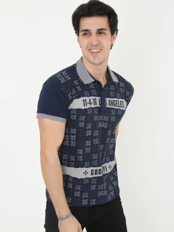 Men's Navy Slim Fit Polo Neck Printed Short Sleeve T-Shirt 2