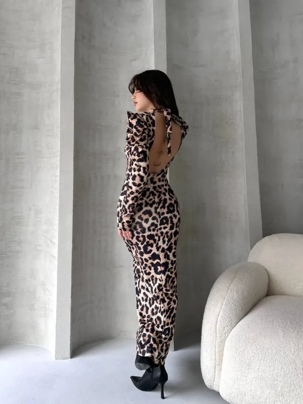 Leđa dekolte Leopard uzorak haljina Bela 3
