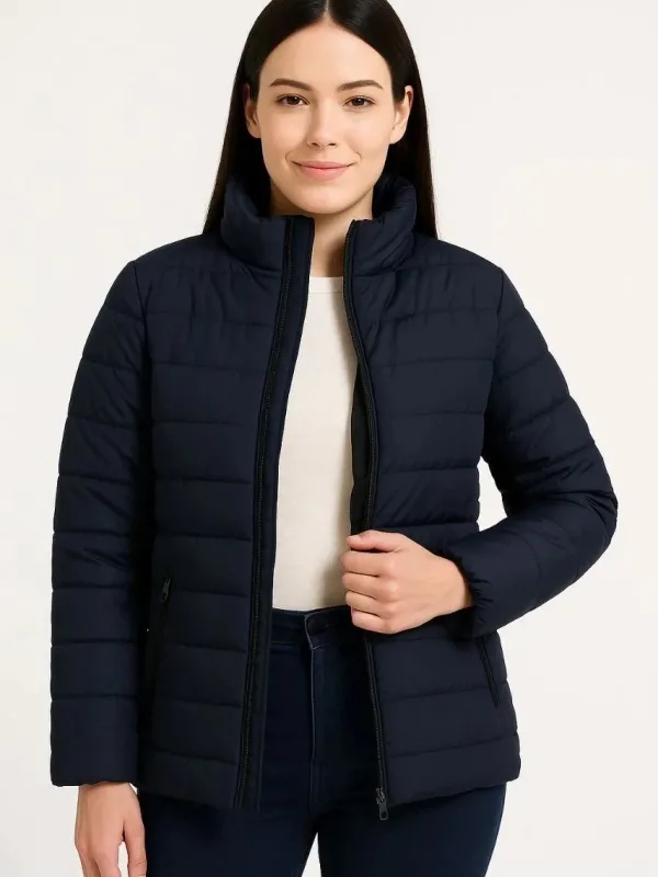 Women's Navy Waterproof Quilted Lined Zippered Pocket Bomber Jacket 1