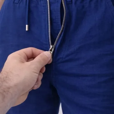 Mursho Indigo Keten Elastik Talia Džepura Fermuar Pantaloni 4