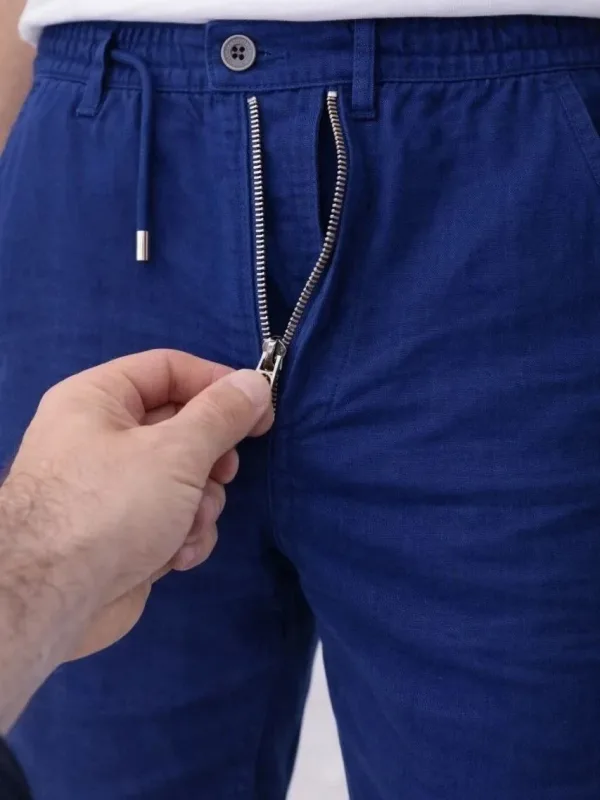 Mursho Indigo Keten Elastik Talia Džepura Fermuar Pantaloni 4