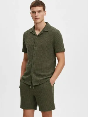 Men's Khaki Regular Waffle Fabric Short Sleeve Shirt Shorts Set