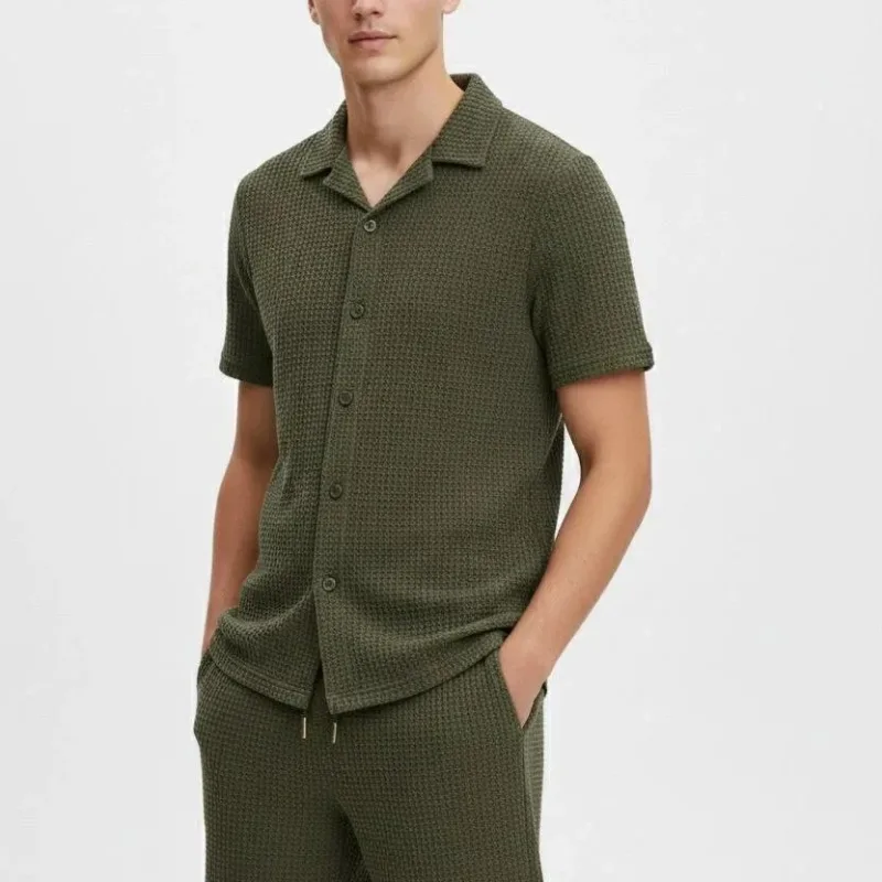 Burrë Khaki Regular Pëlhurë Waffle Mëngë të Shkurtra Këmishë Pantallona të Shkurtra Set