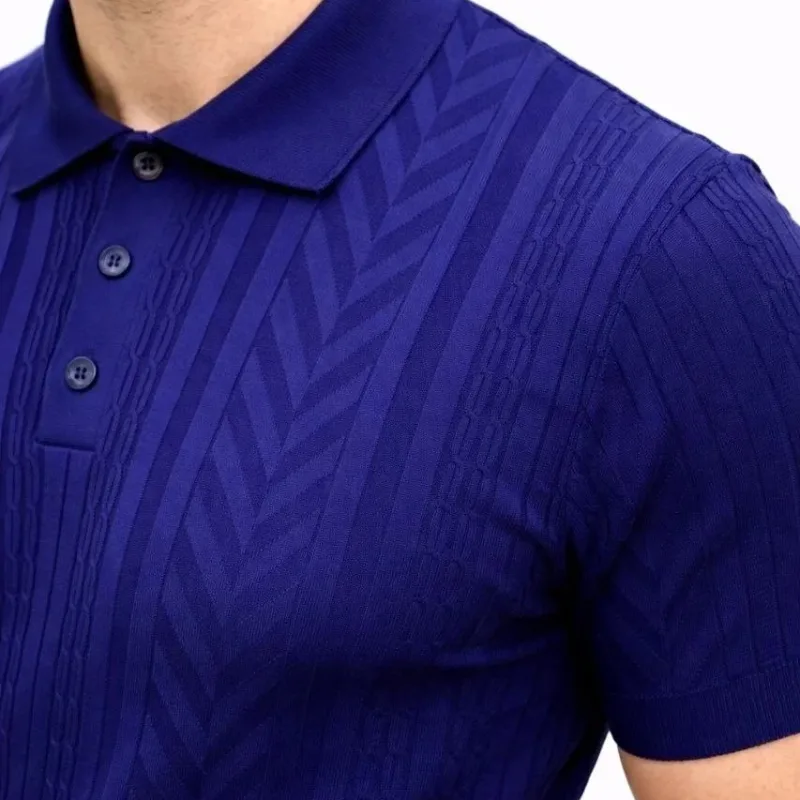 Męski Granatowy Krótki Rękaw Z Guzikami Polo Sweter