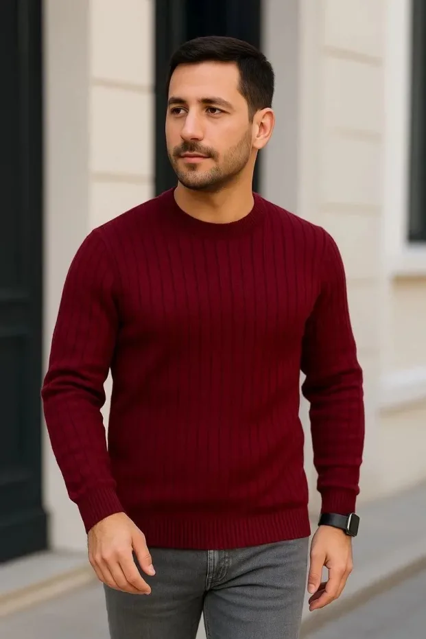 Muški Bordo Regular Fit Rebrasti Okrugli Vrat Triko Džemper 1