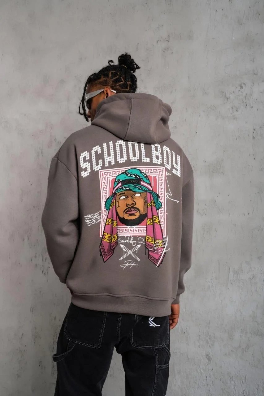 Erkek Gri Oversize 3 İplik Pamuklu Kapüşonlu Baskılı Cepli Sweatshirt