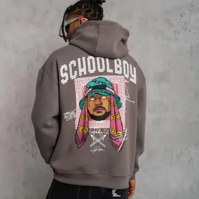 Men's Gray Oversize 3-Thread Cotton Hooded Printed Sweatshirt with Pockets 1