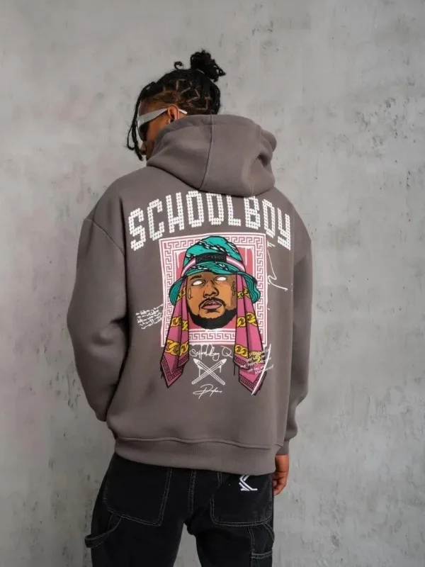 Men's Gray Oversize 3-Thread Cotton Hooded Printed Sweatshirt with Pockets 1