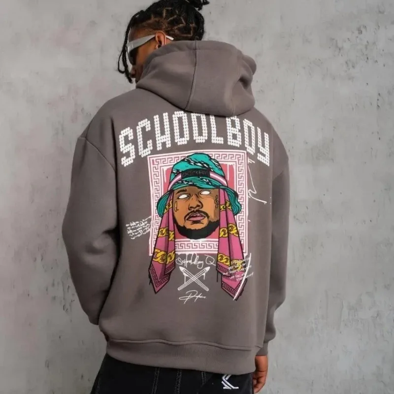 Men's Gray Oversize 3-Thread Cotton Hooded Printed Sweatshirt with Pockets
