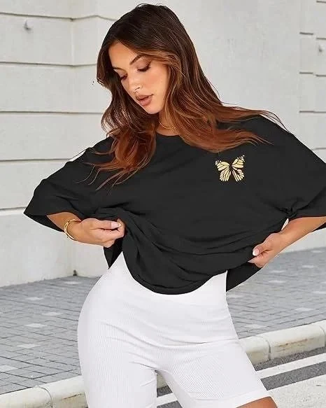 Femeie Neagră Oversize Guler Bicicletă Imprimat Tricou