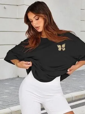 Femeie Neagră Oversize Guler Bicicletă Imprimat Tricou
