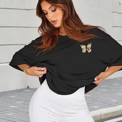 Femeie Neagră Oversize Guler Bicicletă Imprimat Tricou 1