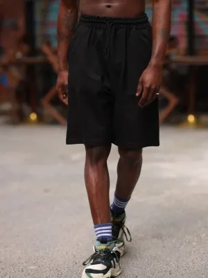 Men's Black Two-Thread Cotton Shorts with Pockets