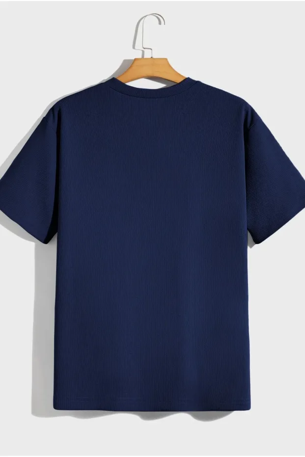 Maschio Blu Scuro Oversize Costina Cotone Premium T-Shirt 3