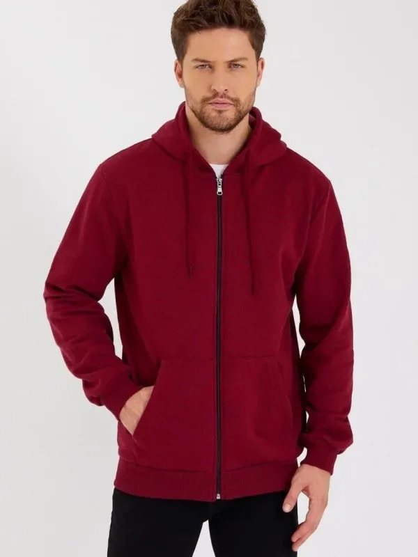 Barbat Visiniu 3 Fire Bumbac Fermoar Complet Glugă Sweatshirt 1
