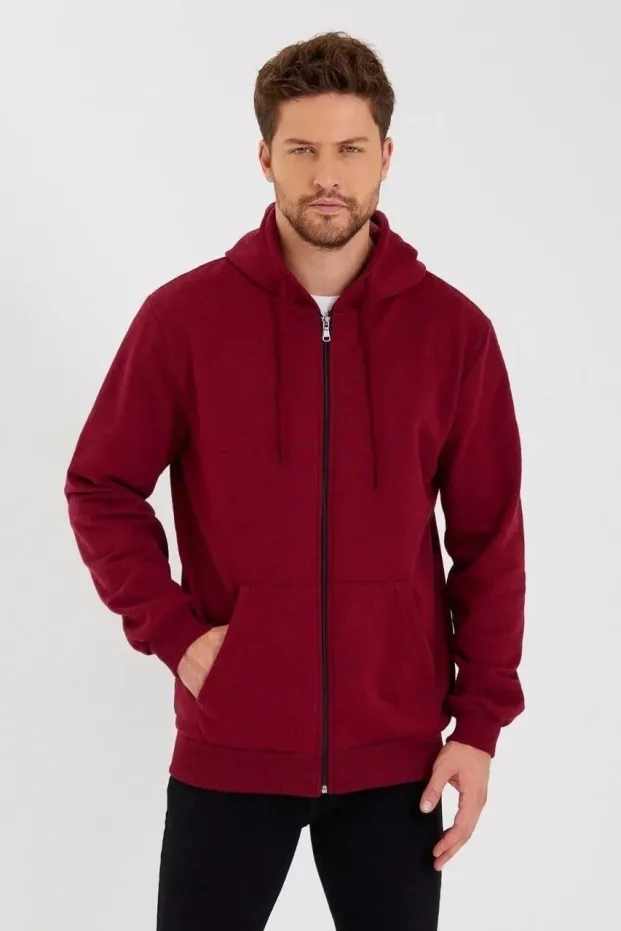 Erkek Bordo 3 İplik Pamuklu Tam Fermuarlı Kapüşonlu Sweatshirt 1