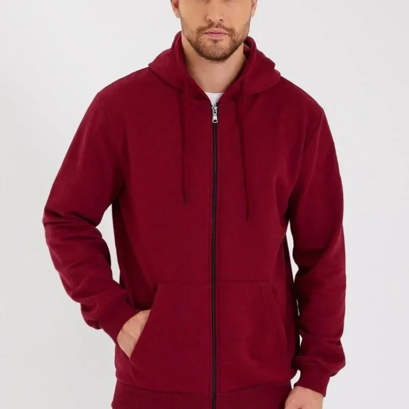 Men's Burgundy 3-Thread Cotton Full Zip Hooded Sweatshirt