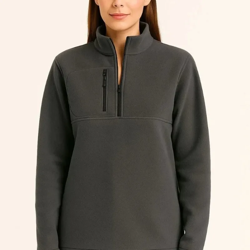 Women's Smoked High Neck Half Zip Chest Pocket Fleece Sweater