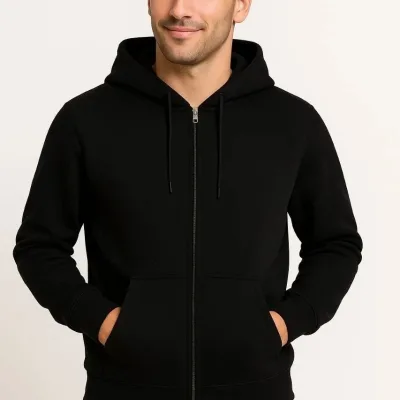 Men Black 3-Thread Cotton Full Zip Hooded Pocket Sweatshirt 2