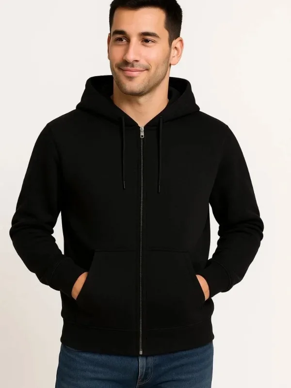 Men Black 3-Thread Cotton Full Zip Hooded Pocket Sweatshirt 2